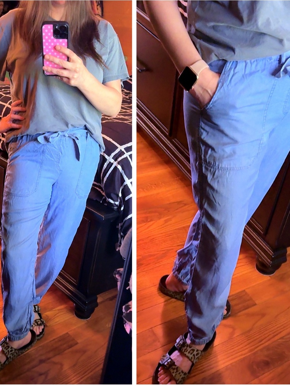 Love Tree Chambray Tencel Jogger Pants Blue Drawstring Pockets Size Medium